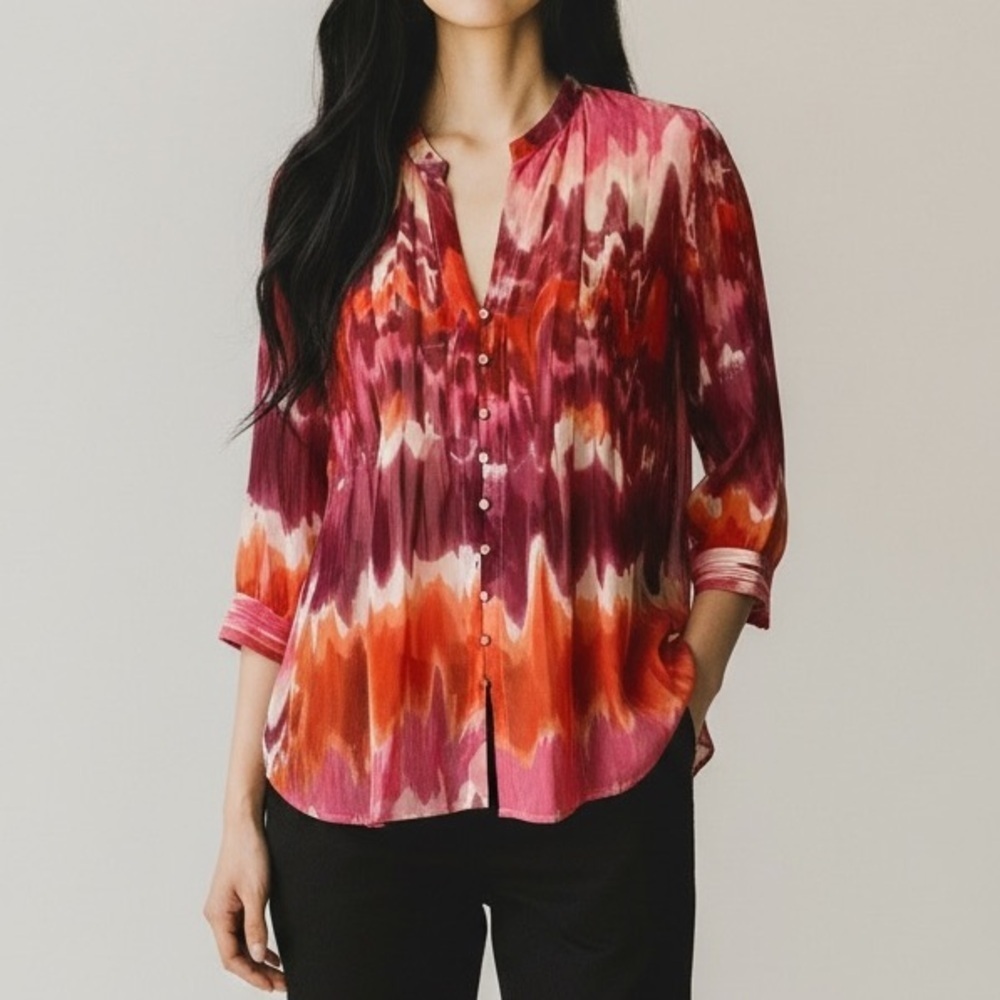 Cynthia Steffe Watercolor Print Blouse Sheer Pleated Puff Sleeve Small